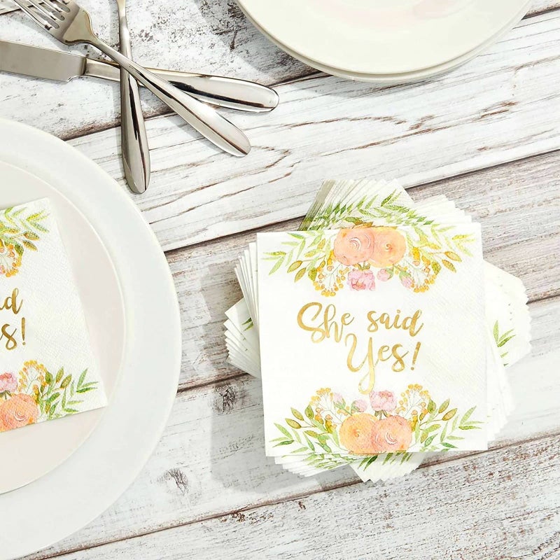 Sparkle and Bash Engagement Napkins for Party - 50-Pack, 5 x 5 In, 3-Ply, Gold Foil - She Said Yes Floral Design - Cocktail Napkins & Engagement Paper - Image 4
